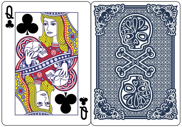 Poker Playing Card Queen Clubs Skull — 스톡 벡터