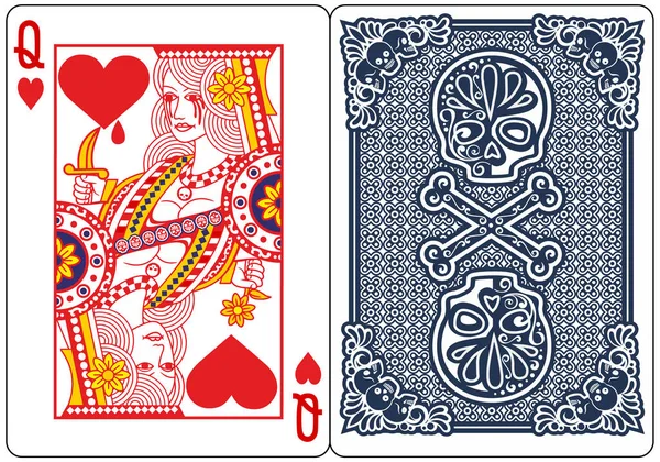 Poker Naipe Reina Del Corazón Con Cráneo — Vector de stock