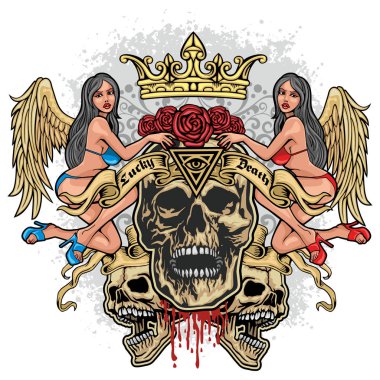 Gotik işaretiyle kafatası ve seksi kızlar, grunge vintage tasarım t shirt