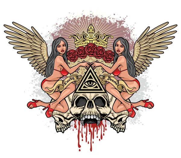 Γοτθικό Σύμβολο Κρανίο Και Σέξι Κορίτσια Grunge Σχέδιο Vintage Μπλουζάκια — Διανυσματικό Αρχείο