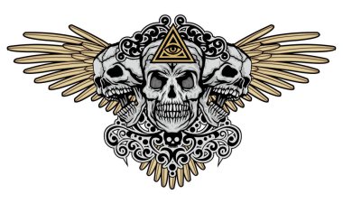 Kafatası ve kanatlı gotik tabela, grunge vintage tasarım tişörtler