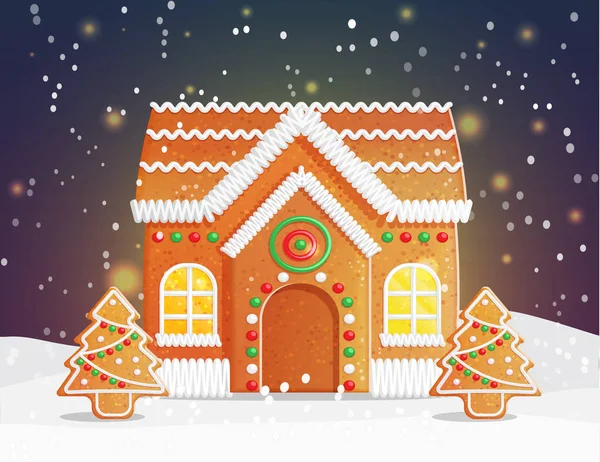 Peperkoek huis kerst-nachtbeeld — Stockvector