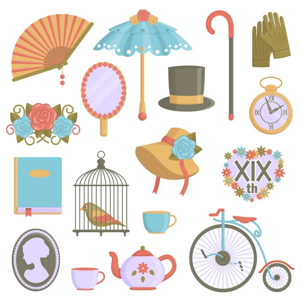 Collection of vintage victorian era items — Stock Vector