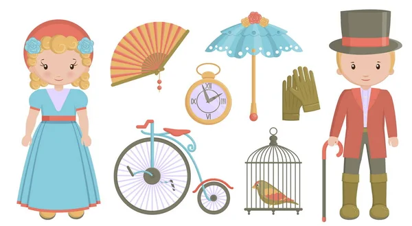 Collection of vintage victorian era items — Stock Vector