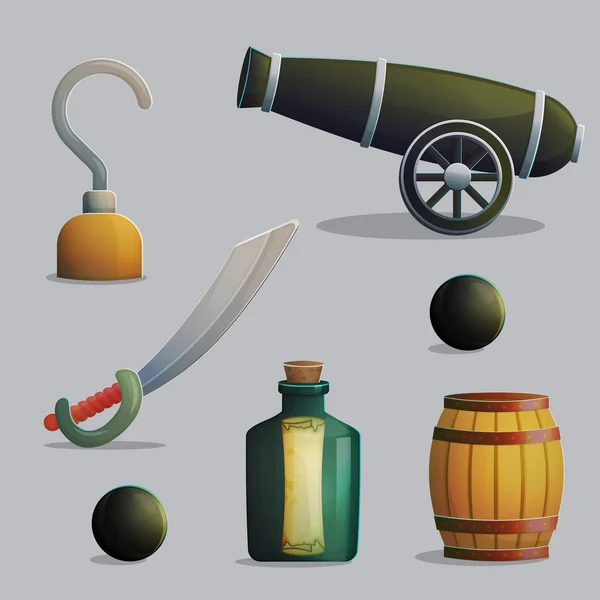 Artículos y armas de viaje de barcos piratas — Vector de stock