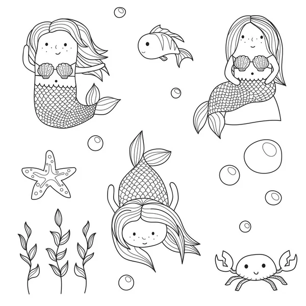 美人鱼和水下海洋生物生活 — 图库矢量图片