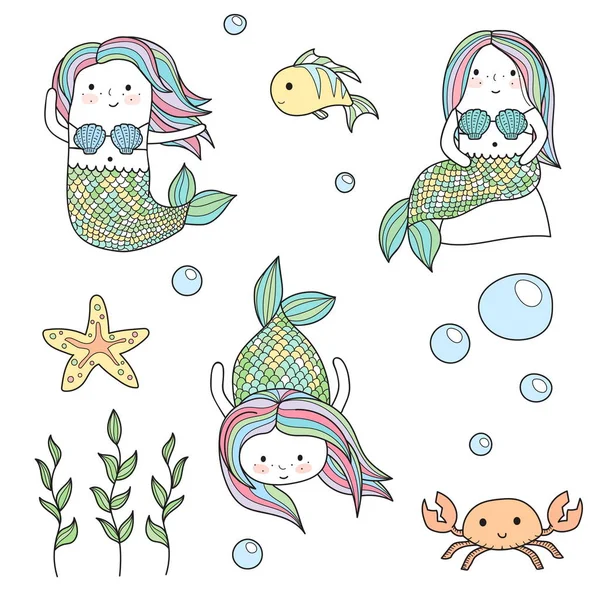 美人鱼和水下海洋生活的生物涂鸦 — 图库矢量图片