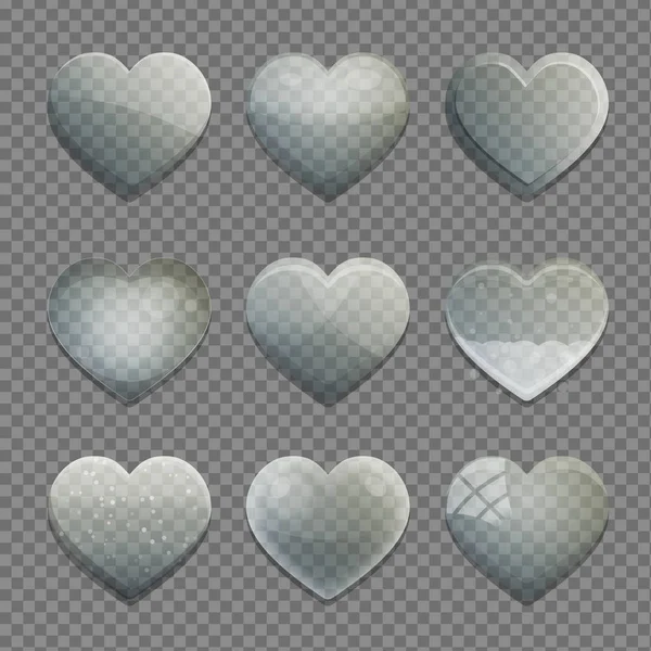 Colección de botones de aplicación de forma de corazón de vidrio transparente — Vector de stock