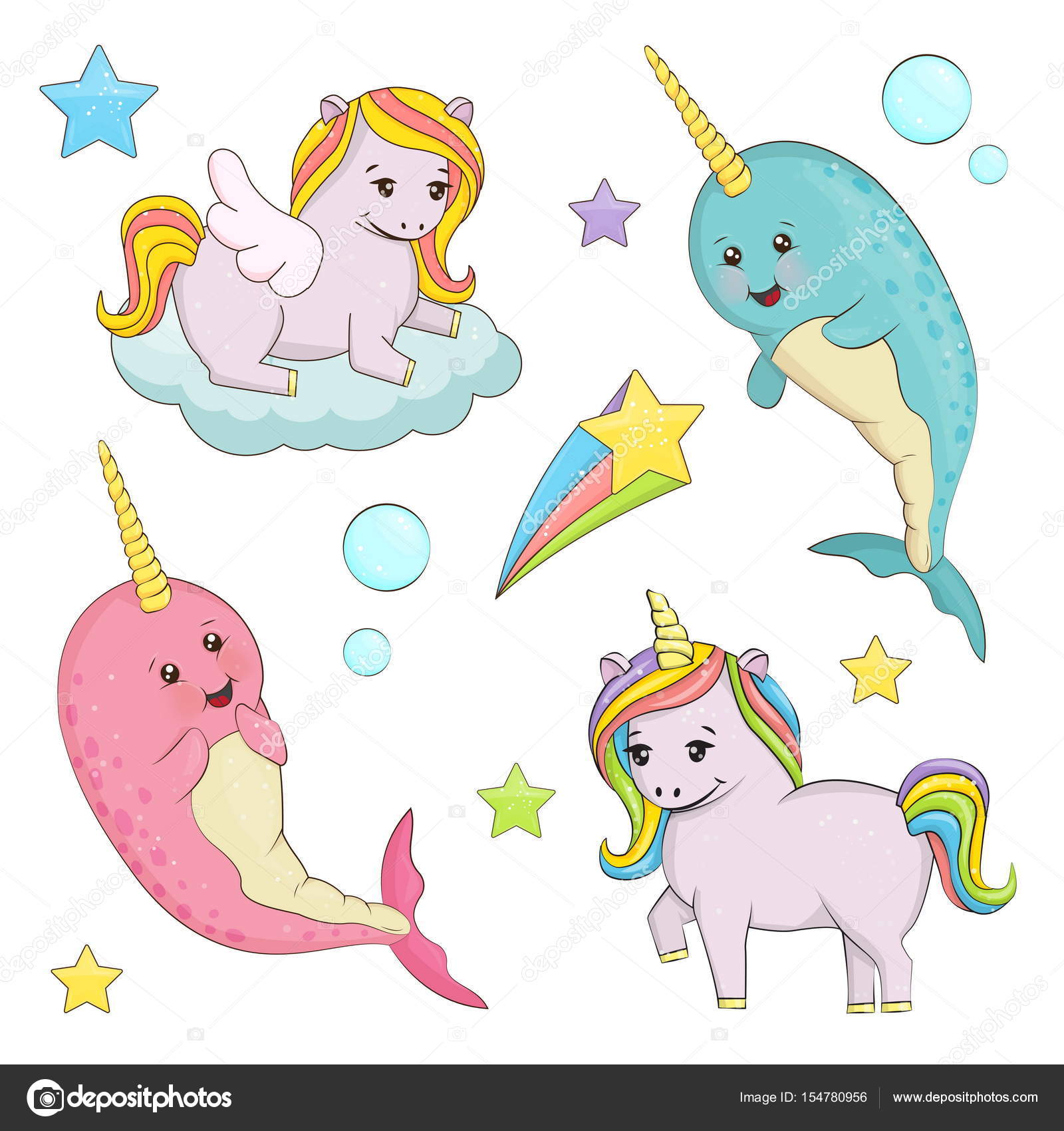 魔法のかわいいユニコーンのおとぎ話イラスト セット \u2014 ストック