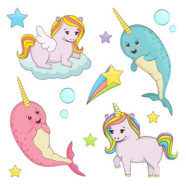 şirin sihirli unicorn peri masalı illüstrasyon seti