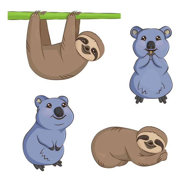 Sevimli çizgi tembellik ve quokka hayvan seti