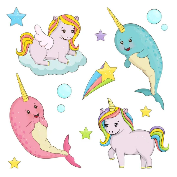 Cute magic unicorn fairy tale illustration set — Stock Vector