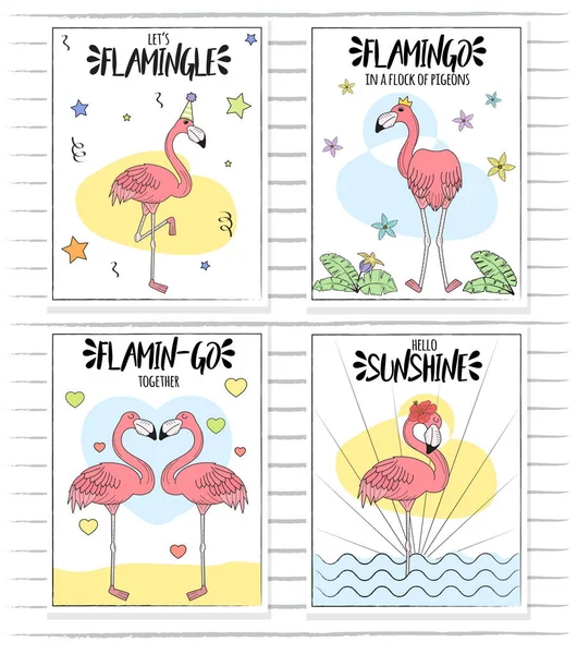 Doodle handritad ros rosa flamingo kort set — Stock vektor