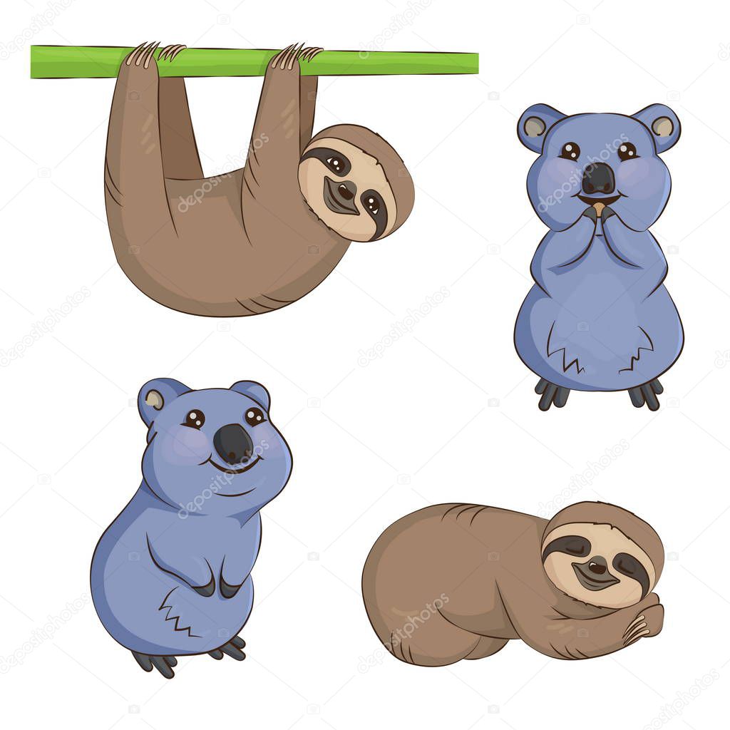 Cute cartoon sloth and quokka animal set