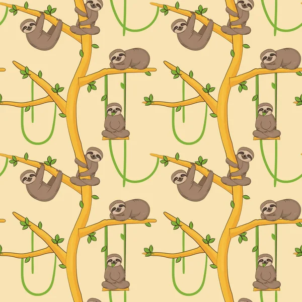 Seamless sloth on tree patern — Stock Vector