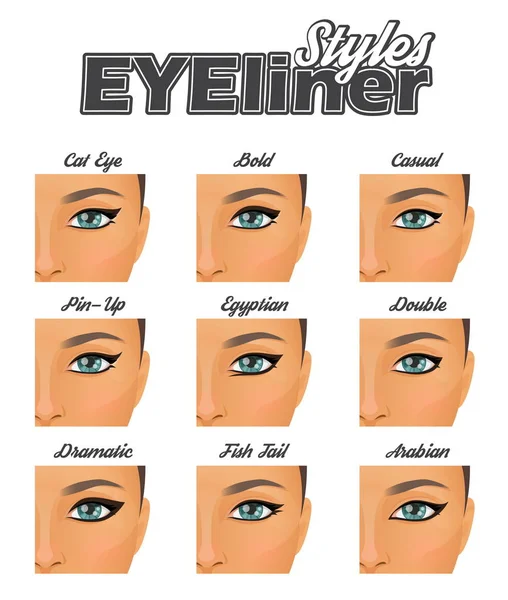 Diversi stili eyeliner alato make-up chart — Vettoriale Stock