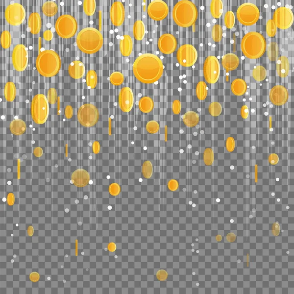 Chute des pièces d'or faisceau de lumière lentille effet fusée pluie . — Image vectorielle