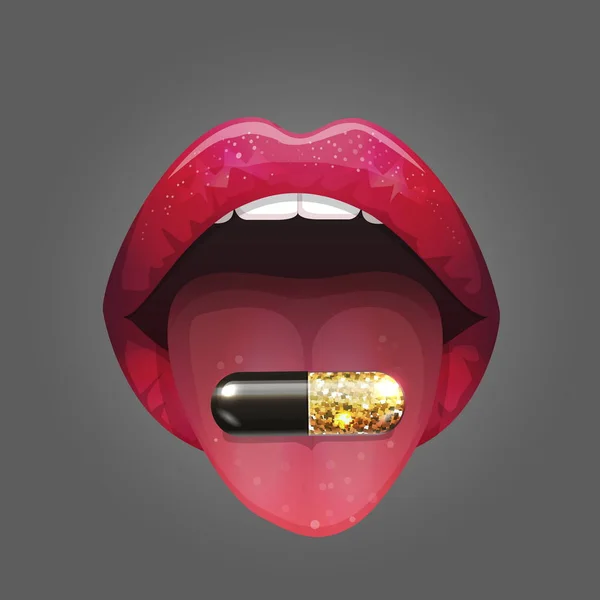 Горячий рот принимает капсулу с таблетками, наполненную сверкающей пылью — стоковый вектор