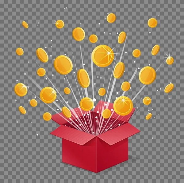 Abrir caja sorpresa haz de luz explosión y monedas voladoras — Vector de stock