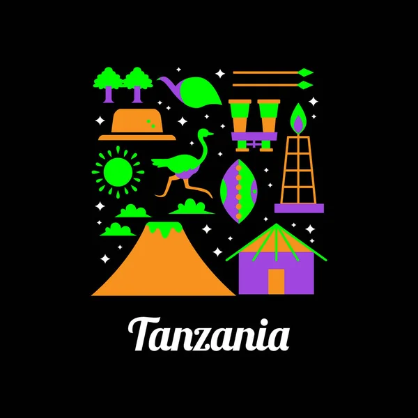 Loghi Tanzania Country Con Icone Che Rappresentano Paese — Vettoriale Stock