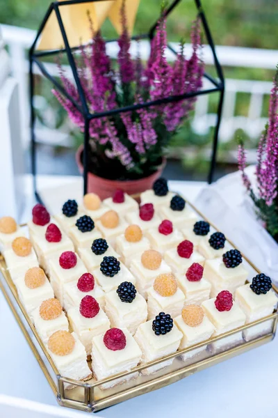 Část mini tvarohový dort na stojanu jako součást sladká pouštní tabulky (candy bar) — Stock fotografie