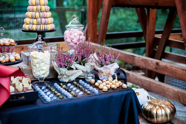 Batonika z pyszne słodycze, cukierki czekoladowe, macaron wieża i inne smakołyki w jesienny park. Jesienna dekoracja. Naturalne światło — Zdjęcie stockowe