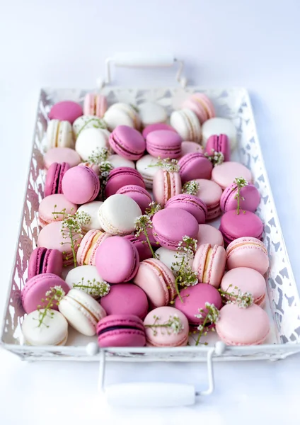 Bandeja blanca llena de coloridos macarons tonos de rosa. Luz natural. Enfoque selectivo . — Foto de Stock