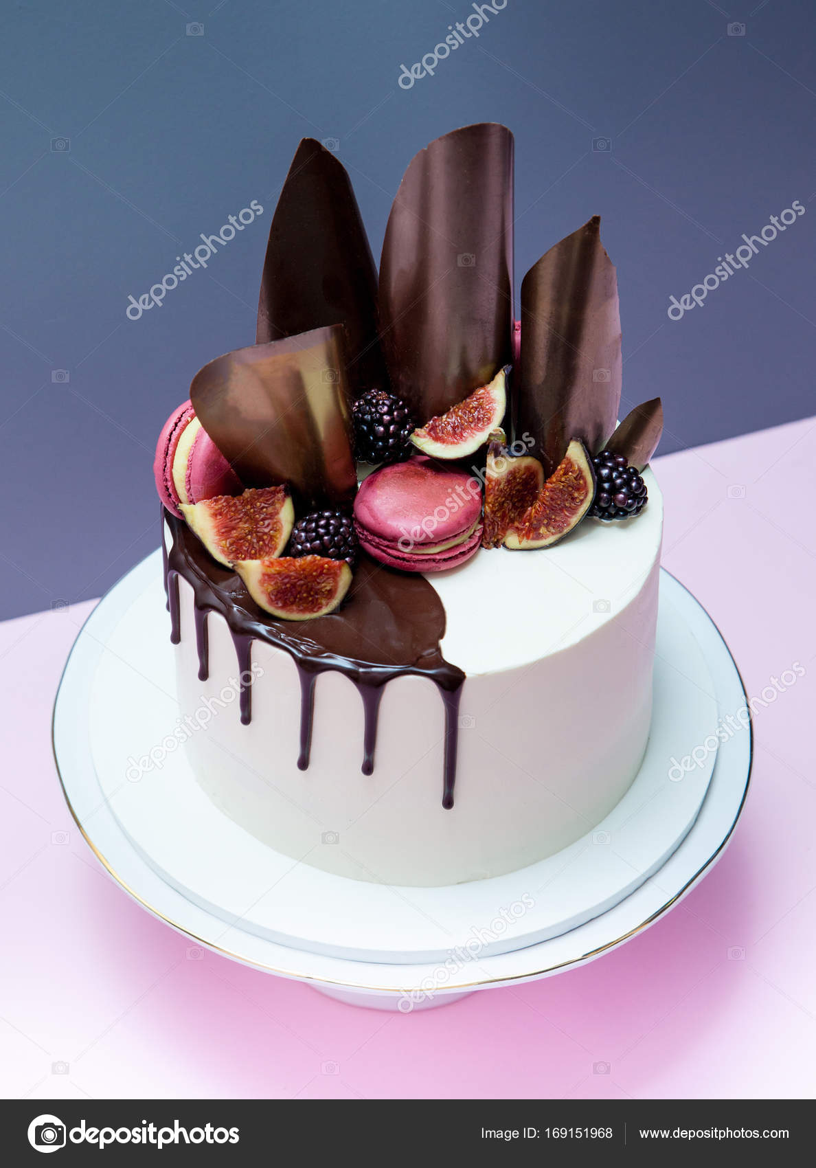 Cake Decorated With Chocolate Waves Pink Macaron And Fresh Figs