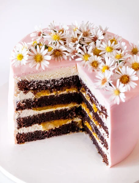 In Scheiben geschnittene Schokoladen-Mango-Torte mit Gänseblümchen dekoriert — Stockfoto