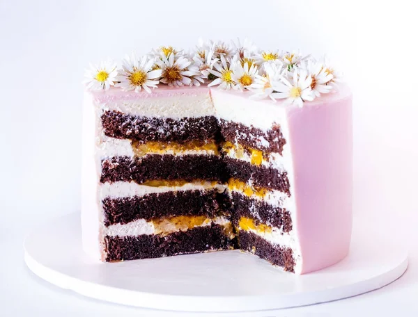 Pastel de mango de chocolate en rodajas decorado con flor de margarita — Foto de Stock