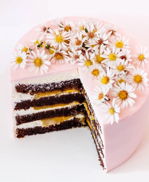 切成薄片巧克力芒果蛋糕装饰着朵雏菊花 — 图库照片