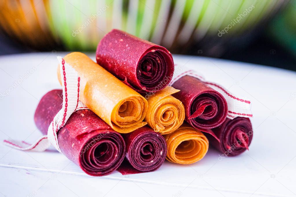 Delicious healthy fruit roll-ups made from raspberry, pumpkin and apples