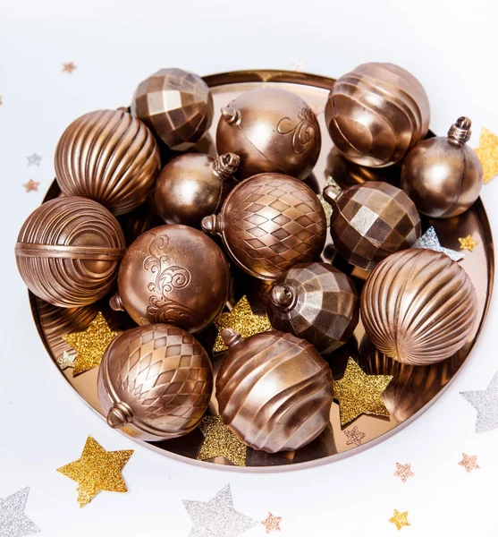 Christmas Golden Chocolate Balls White Background — Stock Photo, Image