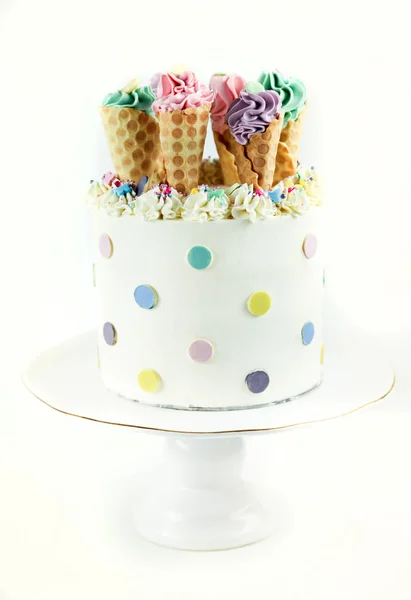 Birthday ice cream cone cake on a white background