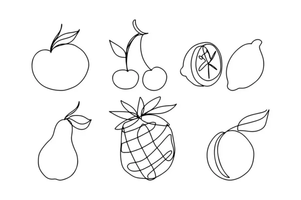 Continuous line art, hand drawn fruits set. — Stock Vector