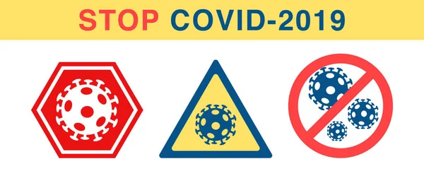 Vecteur anti coronavirus signe. Cercle d'alerte rouge corona stop, triangle jaune avec virus . — Image vectorielle