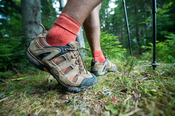 Benen van de reiziger in wandelschoenen met trekking palen — Stockfoto