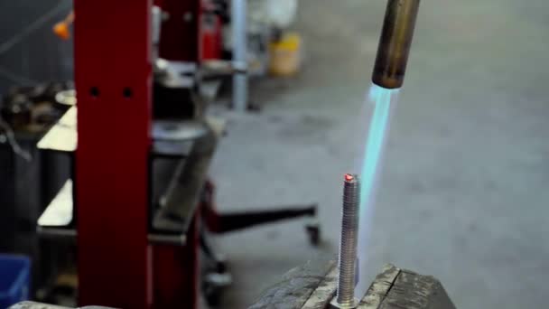 Fire Gas Burner Heats Red Hot Metal Bolt — Stock Video
