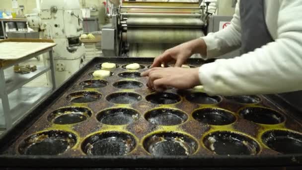 Baker Legt Deegbroodjes Een Bakplaat — Stockvideo