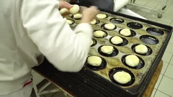 Los Panaderos Colocan Los Bollos Masa Una Bandeja Para Hornear — Vídeos de Stock
