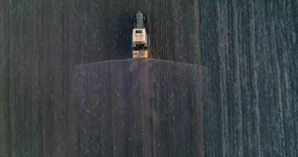 Tractor Trailed Sprayer Spraying Chemicals Agricultural Field Aerial View — Stock Video
