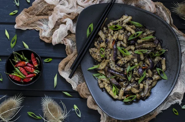 Chinese eggplant with soy sauce and chili — Stock Photo, Image