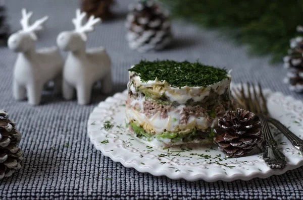 Mimosa salad with cheese tuna and avocado — Stock Photo, Image