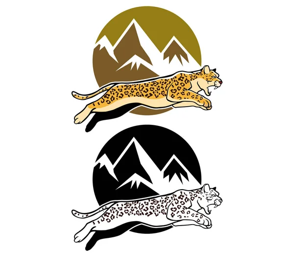 Salto de leopardo y fondo de montaña — Archivo Imágenes Vectoriales