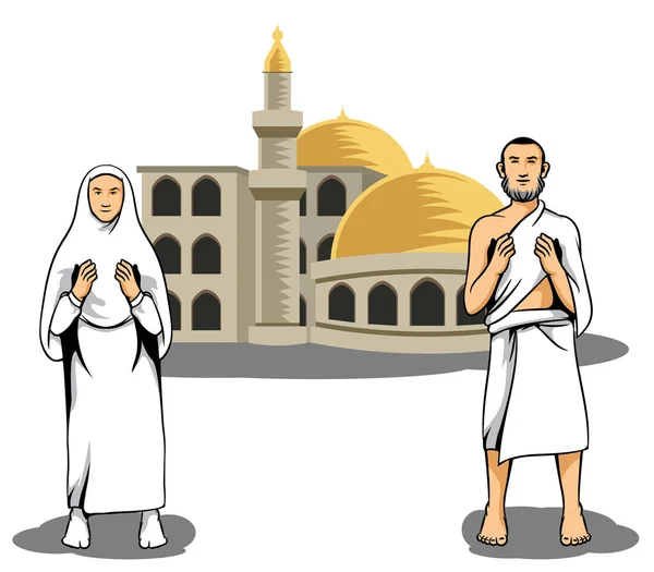Hajj peregrino orando na frente da mesquita —  Vetores de Stock