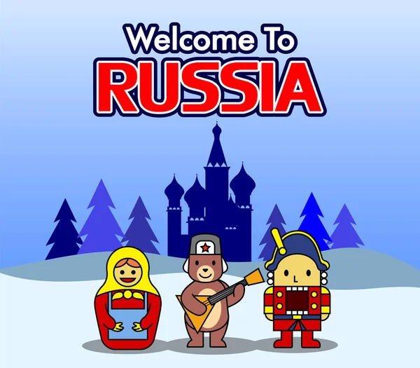 Bienvenido a Rusia con personajes lindos — Vector de stock