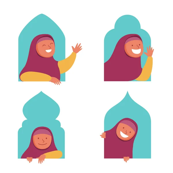 Menina muçulmana personagem plana espreitando na janela — Vetor de Stock