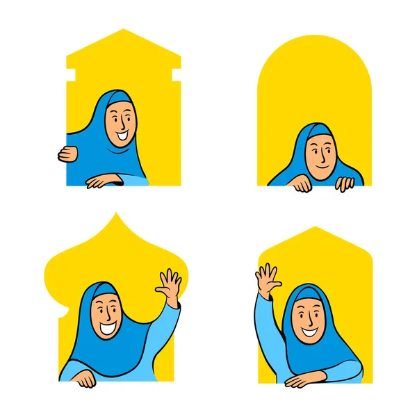Personagem de desenhos animados de quadrinhos de muçulmano feminino espreitando no vento da mesquita — Vetor de Stock