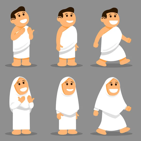 Cute Kids Wear Hajj Pilgrims Clothes Character Set — Stock Vector