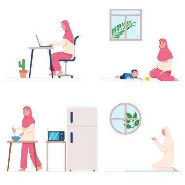 Müslüman kadınlar grip salgını sırasında evde kalıp günlük aktiviteler yaparlar..